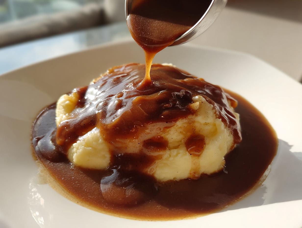 A ladle pouring rich, thick homemade brown gravy over a mound of creamy mashed potatoes on a white plate.