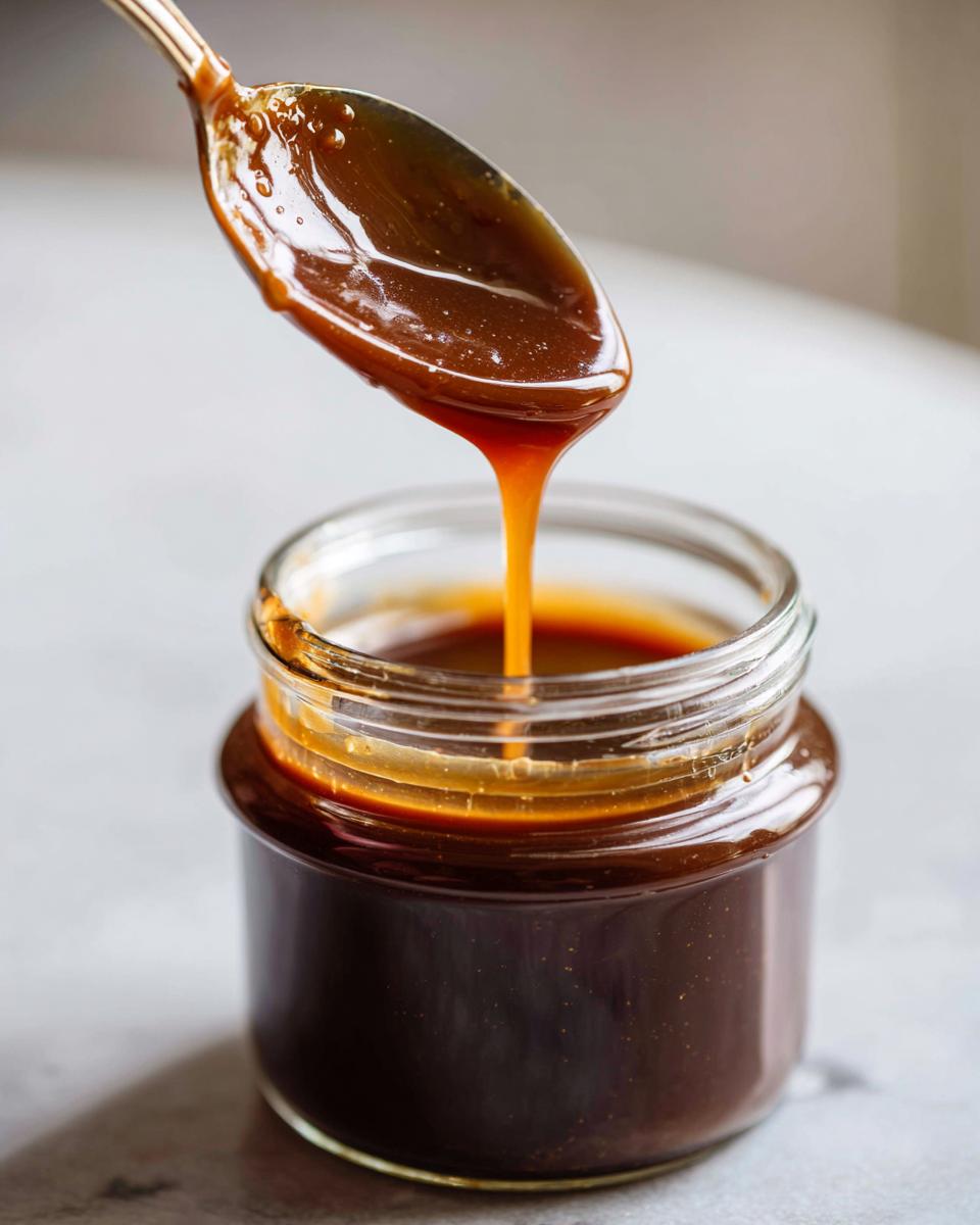 A spoonful of thick, glossy salted caramel sauce drips back into a small glass jar.