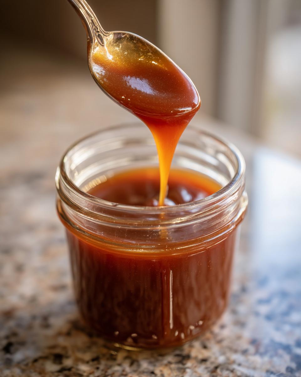A spoonful of thick, glossy salted caramel sauce drips back into a small glass jar.