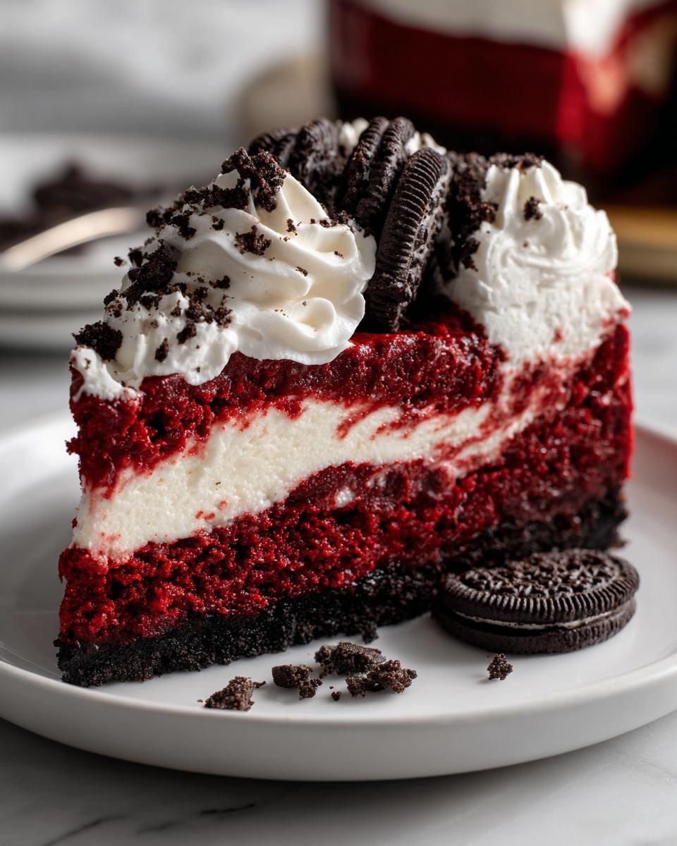 A decadent slice of red velvet cheesecake featuring a creamy white swirl layer, topped with whipped cream, crushed cookies, and whole Oreos.