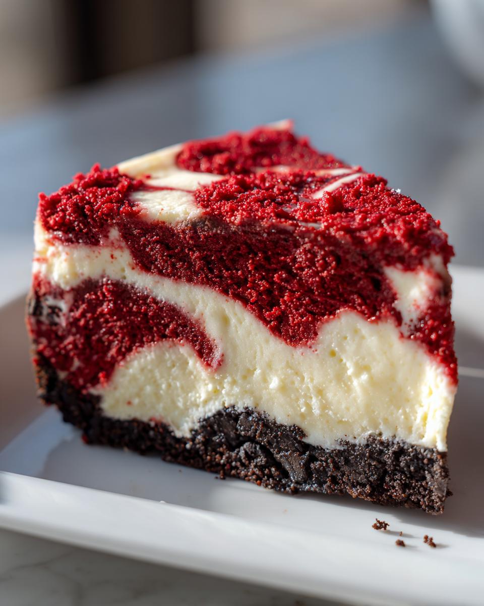 Close-up of a decadent slice of red velvet cheesecake with a dark crust, showing the marbled red cake and cream cheese layers.