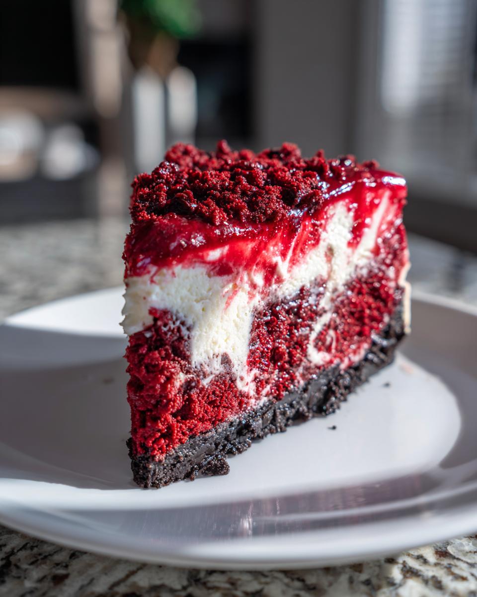 A decadent slice of red velvet cheesecake with a dark crust, creamy white layer, and red velvet cake base, topped with crumbs.