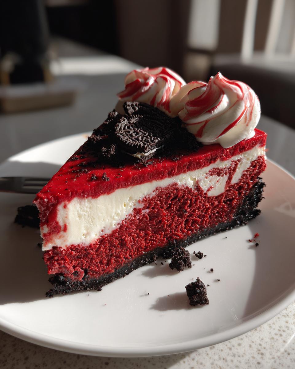 A decadent slice of red velvet cheesecake featuring a marbled red and white layer, dark crust, topped with whipped cream and a chocolate sandwich cookie.