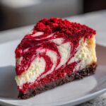 A close-up of a rich slice of red velvet cheesecake featuring a striking red and white swirl pattern and crumb topping.