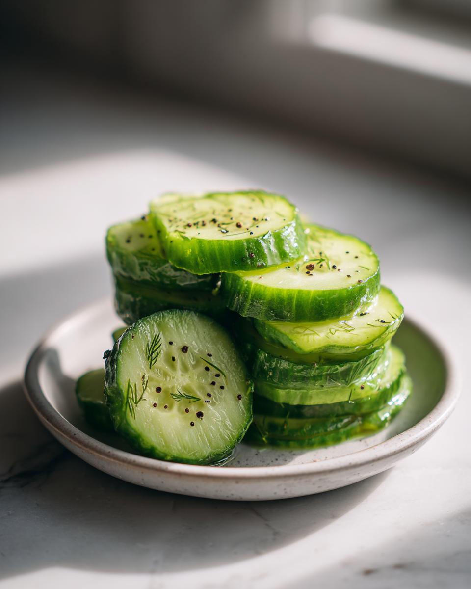 Stack of bright green, thinly sliced refrigerator pickles seasoned with dill and black pepper on a small plate.