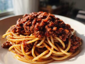 Close-up of spaghetti topped generously with rich, slow-cooked bolognese sauce on a white plate.