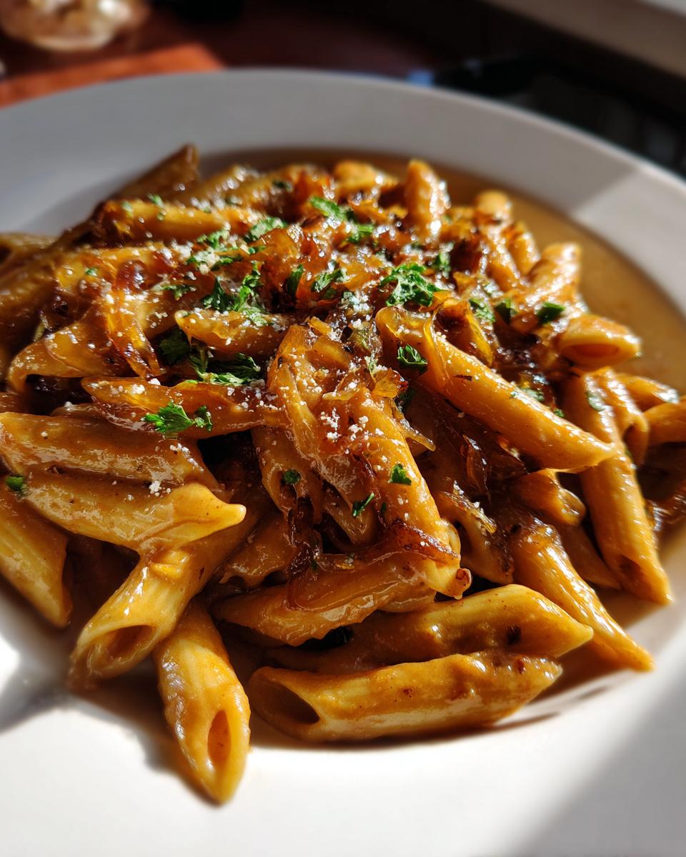 A close-up of rich, saucy french onion pasta made with penne, topped with caramelized onions and parsley.