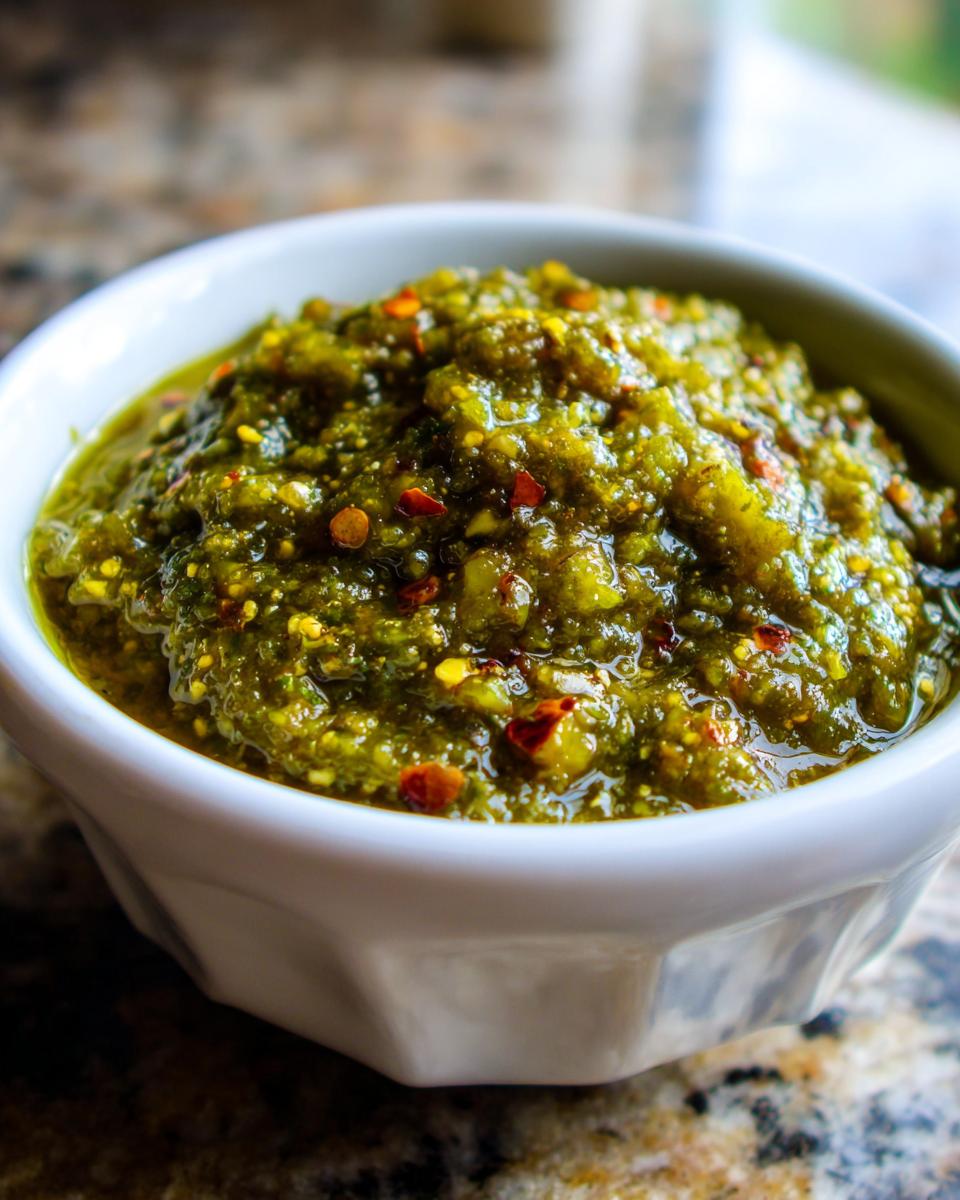 Close-up of chunky, vibrant green tomato salsa topped with red pepper flakes in a small white bowl.