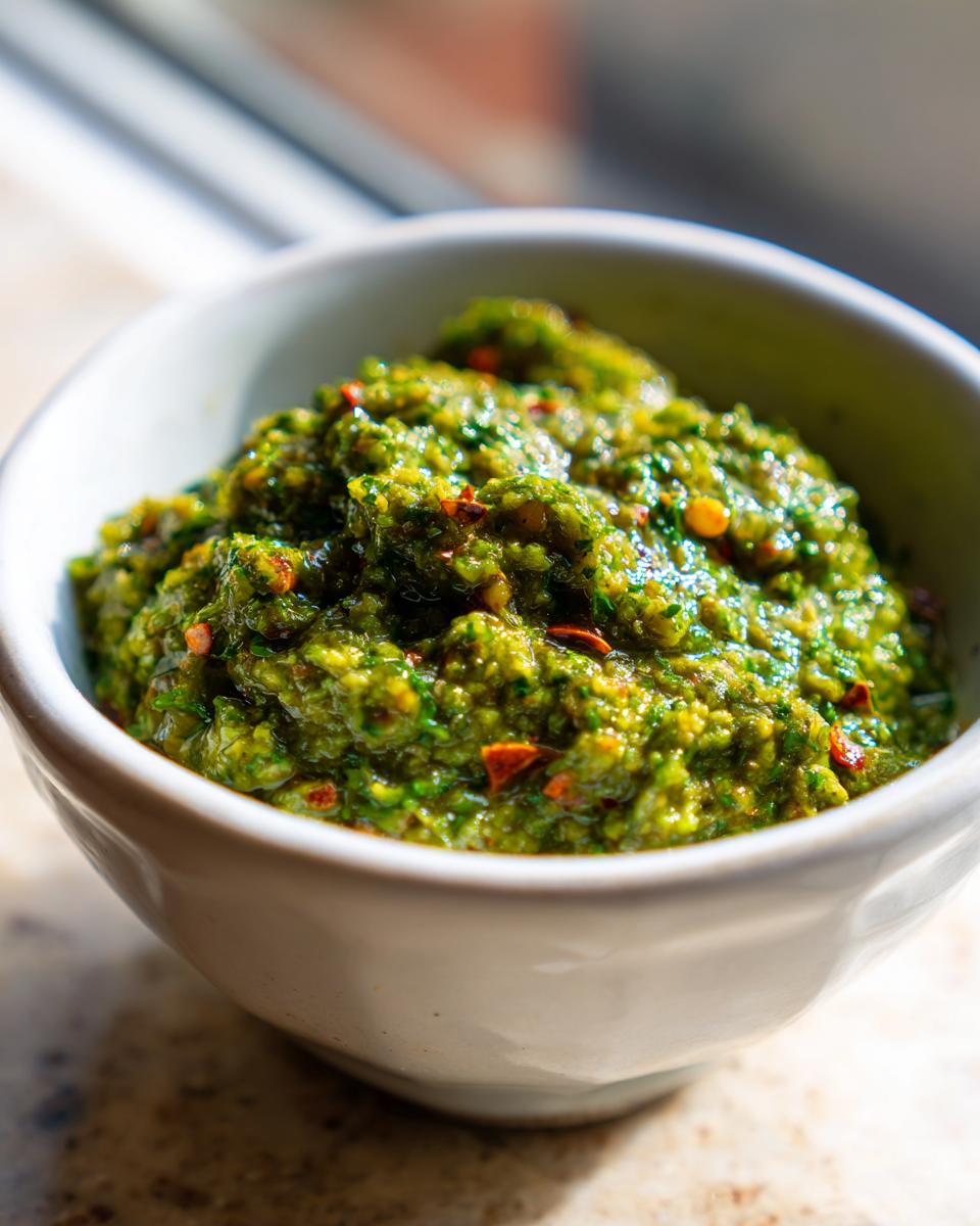 Close-up of thick, vibrant green tomato salsa with visible red pepper flakes in a small white bowl.