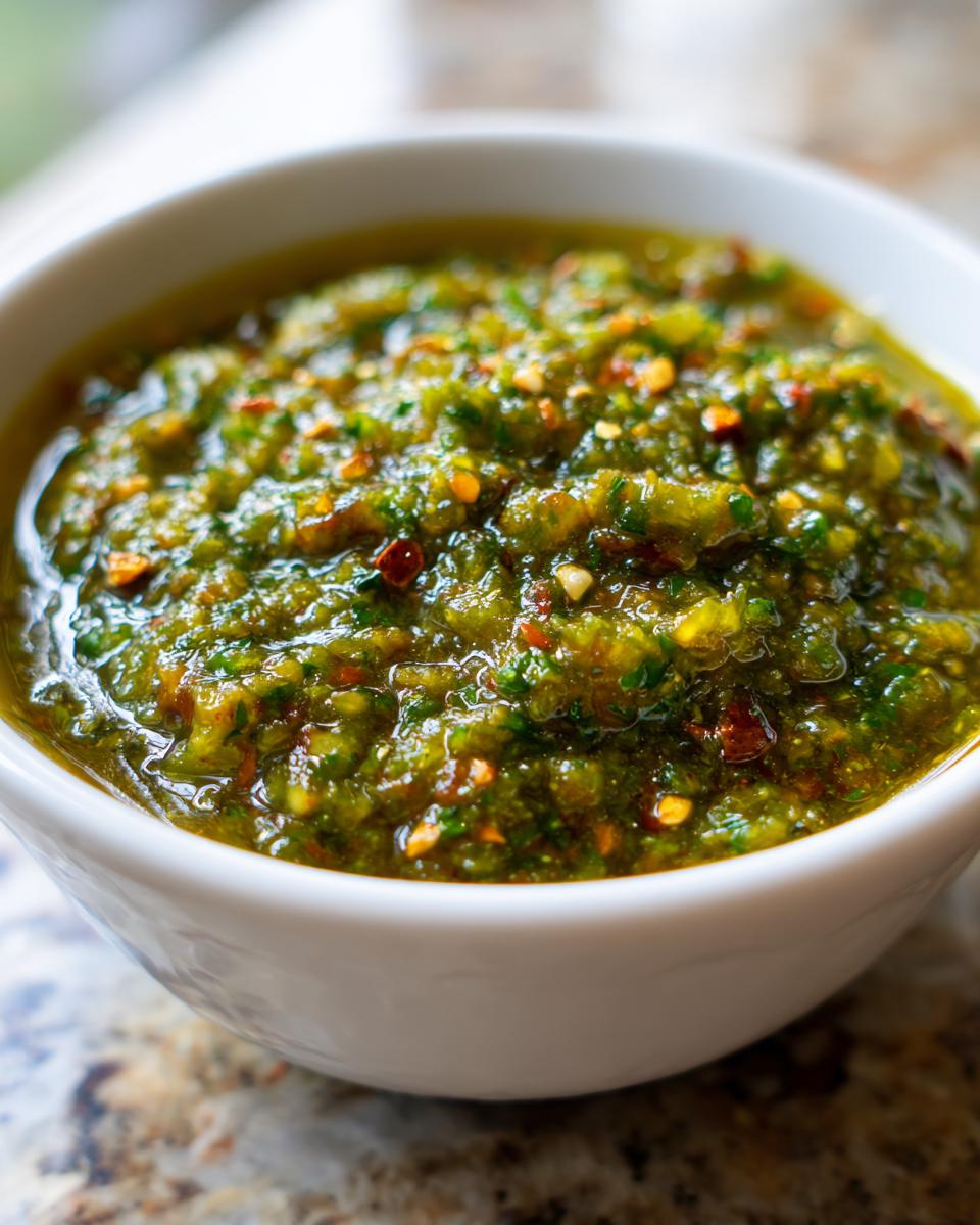 A close-up shot of thick, vibrant green tomato salsa, speckled with red pepper flakes, served in a white bowl.