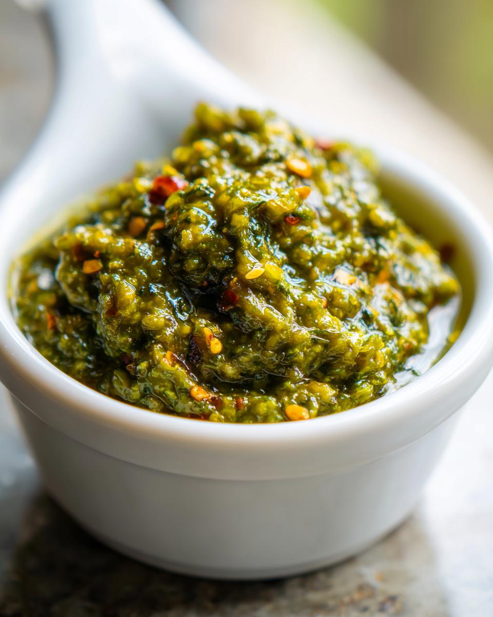 A close-up of thick, vibrant green tomato salsa speckled with red pepper flakes, served in a small white dipping bowl.