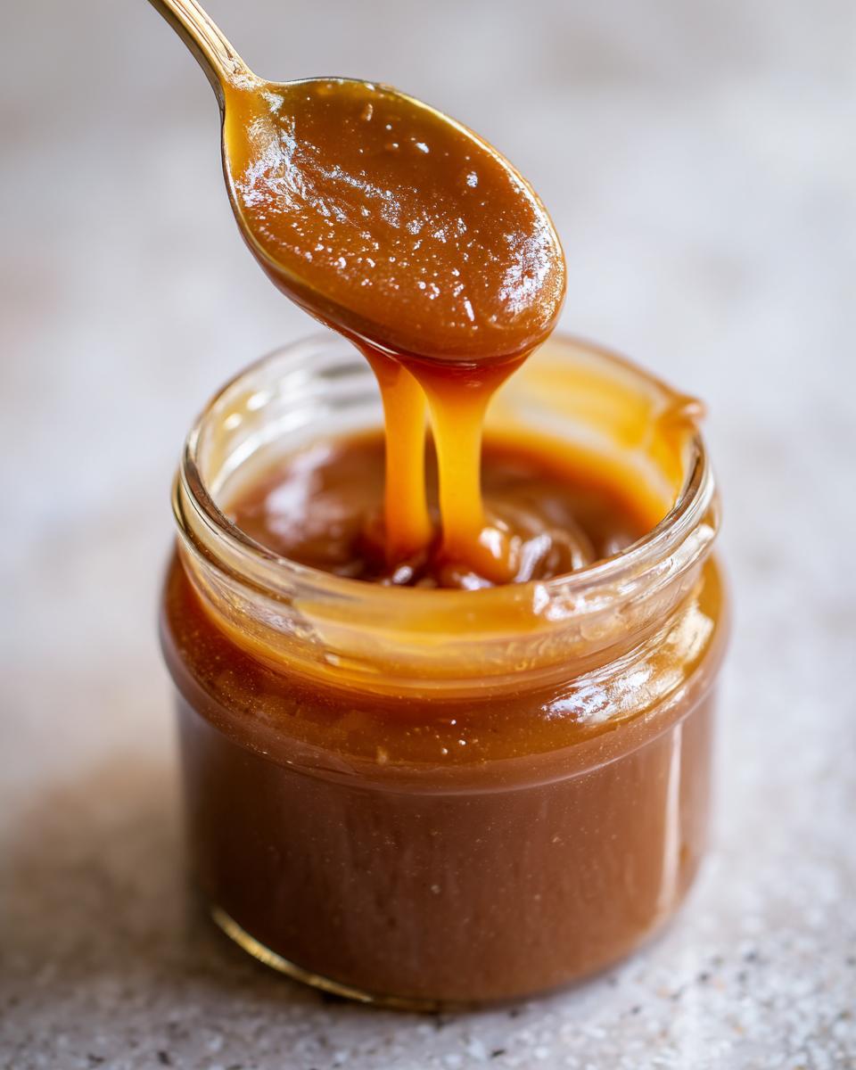 A golden spoon lifting thick, rich salted caramel sauce out of a small glass jar.