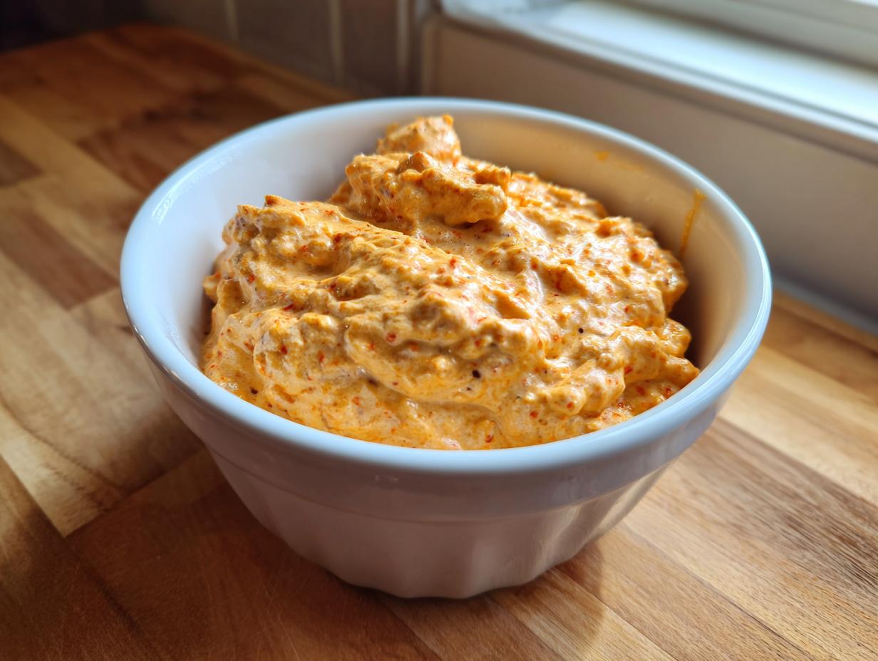 Close-up of a creamy, orange-hued sausage cheese dip served in a white fluted bowl on a wooden surface.