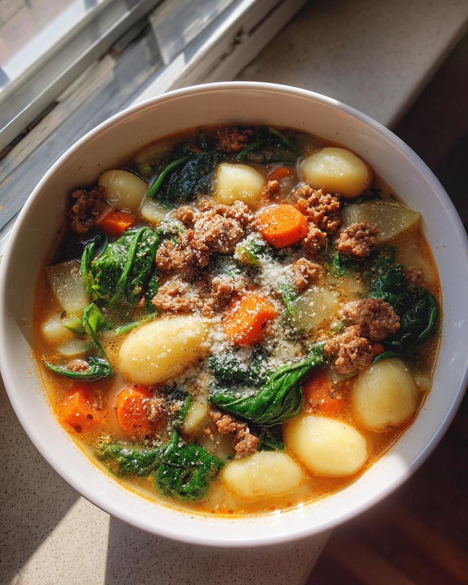 Close-up of a white bowl filled with rich sausage gnocchi soup, featuring plump gnocchi, ground sausage, carrots, and spinach.