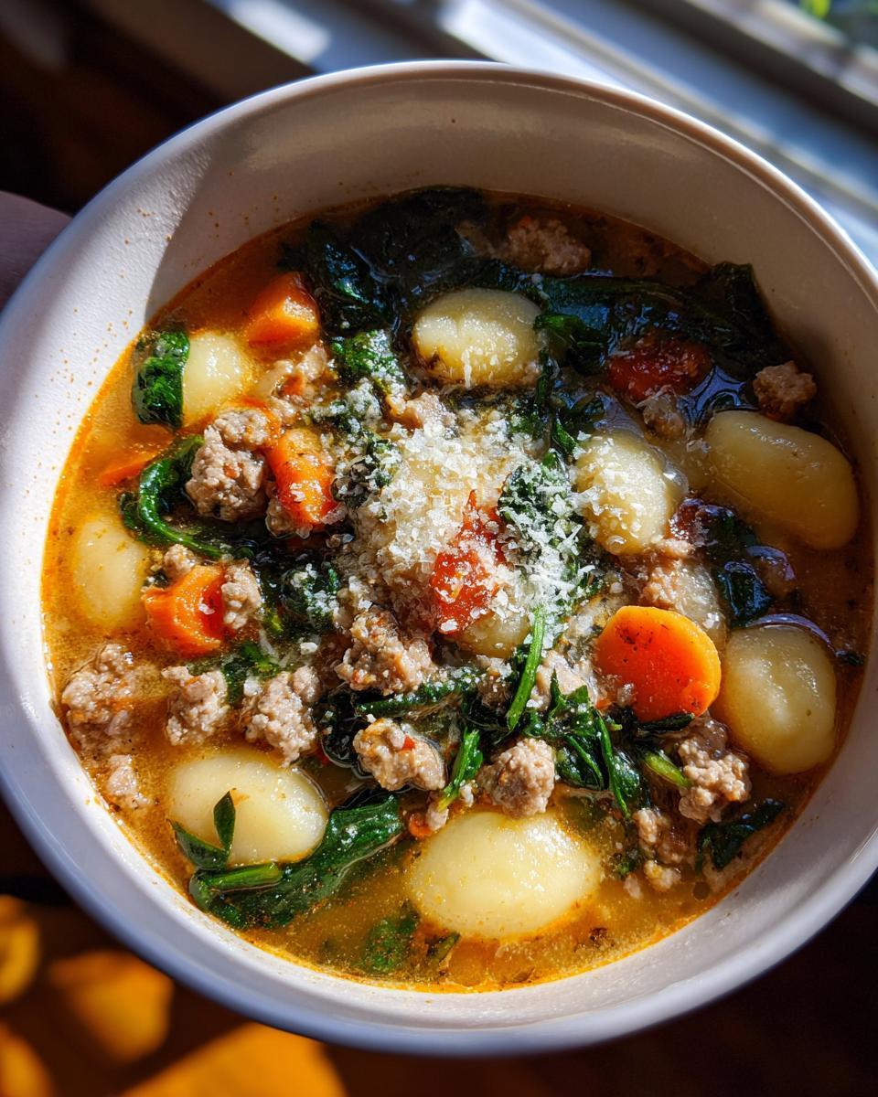 Close-up overhead view of a bowl of sausage gnocchi soup, topped with grated Parmesan cheese.