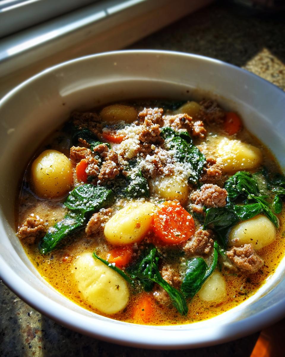 A close-up of a white bowl filled with rich sausage gnocchi soup, featuring potato gnocchi, ground sausage, spinach, and carrots, topped with Parmesan cheese.