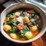 Close-up of a warm bowl of sausage gnocchi soup, featuring plump gnocchi, ground sausage, spinach, carrots, and grated Parmesan cheese.