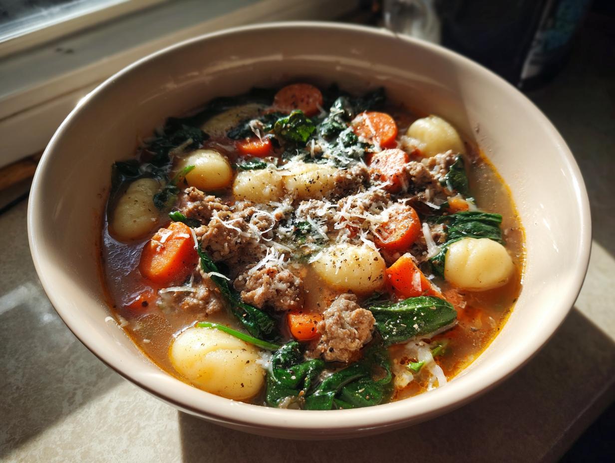 A close-up of a bowl of rich sausage gnocchi soup, featuring plump gnocchi, crumbled sausage, carrots, spinach, and grated cheese.