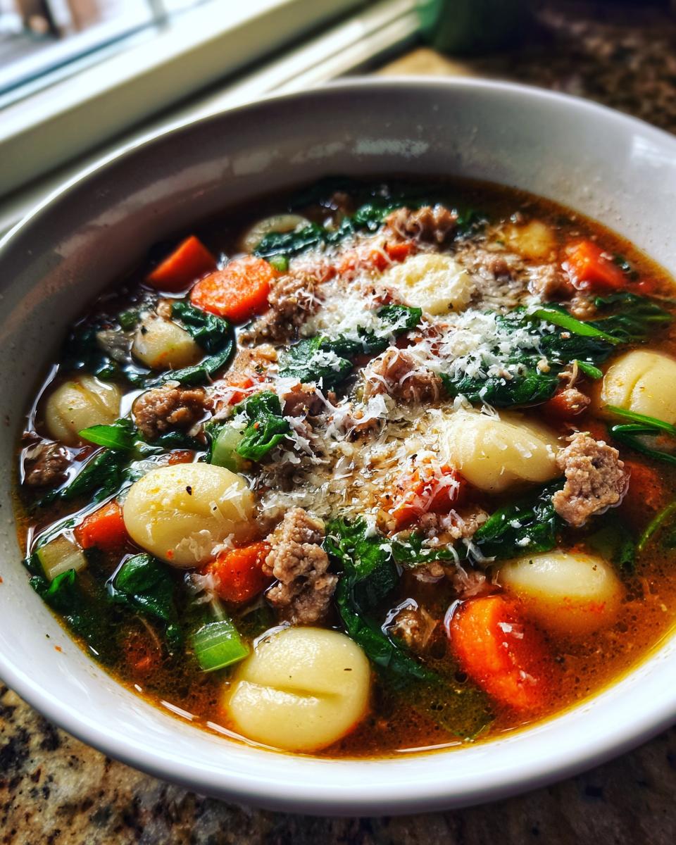 Close-up of a steaming bowl of sausage gnocchi soup, featuring plump gnocchi, ground sausage, carrots, spinach, and grated Parmesan.
