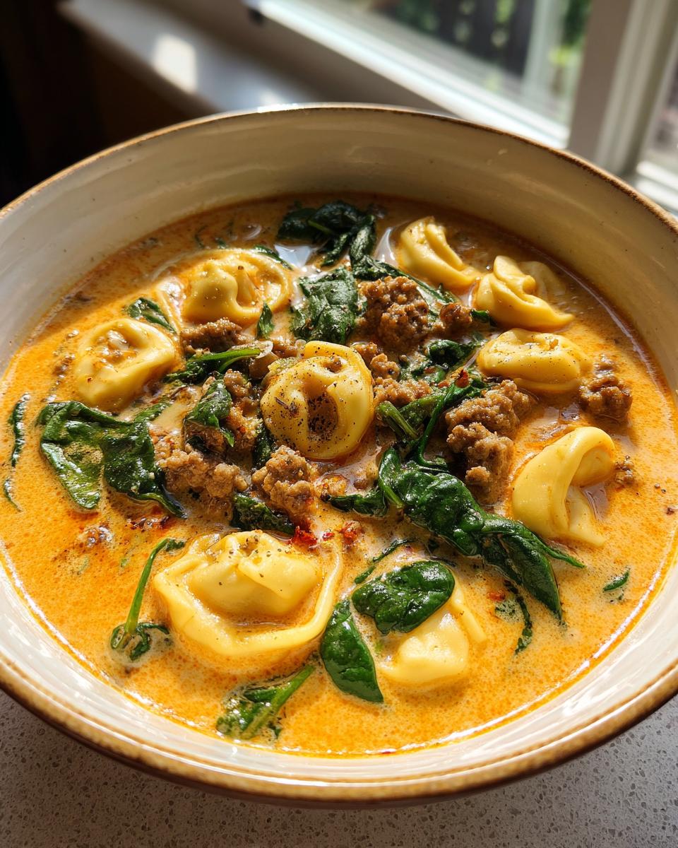 Close-up of a bowl of rich, creamy sausage tortellini soup with wilted spinach.