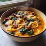 Close-up of a steaming bowl of creamy sausage tortellini soup filled with cheese tortellini, crumbled sausage, and wilted spinach.