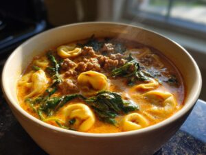 Close-up of a steaming bowl of rich, creamy sausage tortellini soup featuring tortellini pasta and wilted spinach.