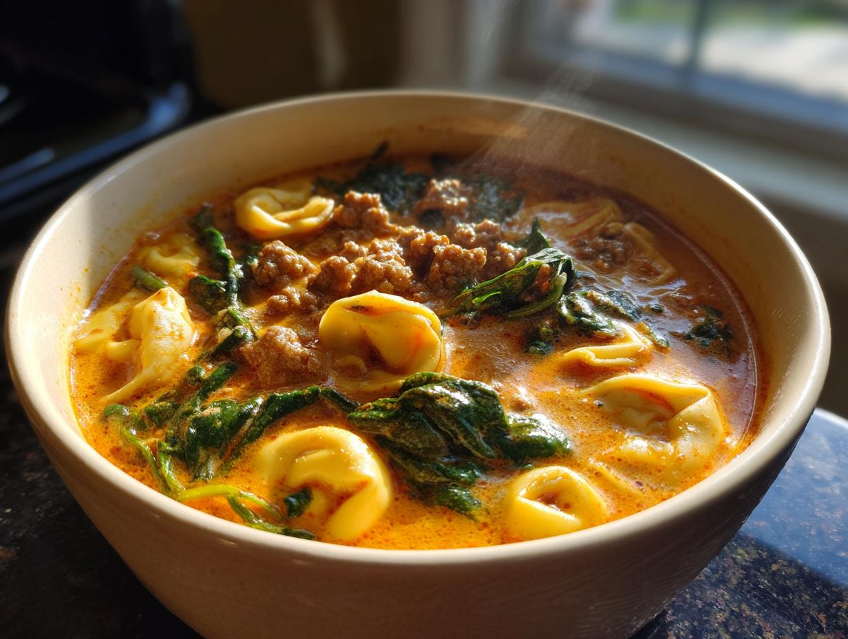 Close-up of a steaming bowl of rich, creamy sausage tortellini soup featuring tortellini pasta and wilted spinach.