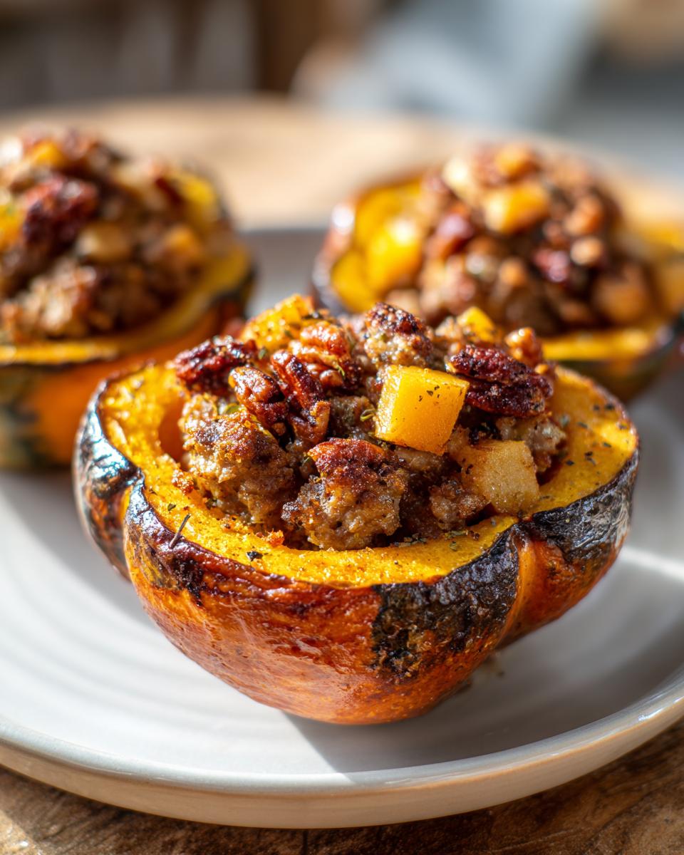 A close-up of a roasted acorn squash half filled with savory stuffing, a perfect stuffed acorn squash dinner.