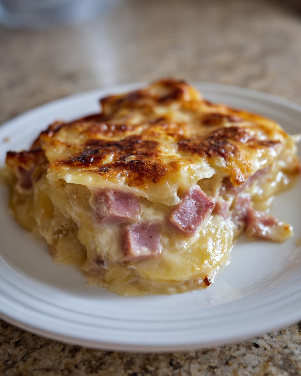A close-up of a serving of creamy scalloped potatoes and ham with a golden-brown, cheesy crust.