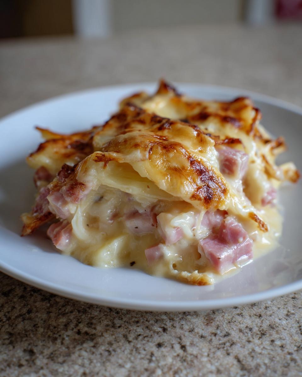 A close-up serving of creamy scalloped potatoes and ham topped with bubbly, browned cheese.