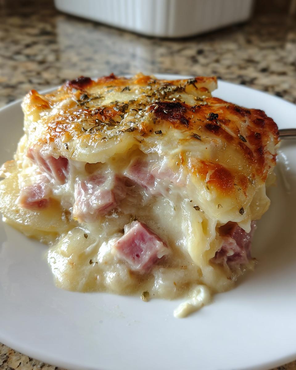 A close-up of a rich serving of scalloped potatoes and ham baked in a creamy sauce, topped with browned cheese and herbs.