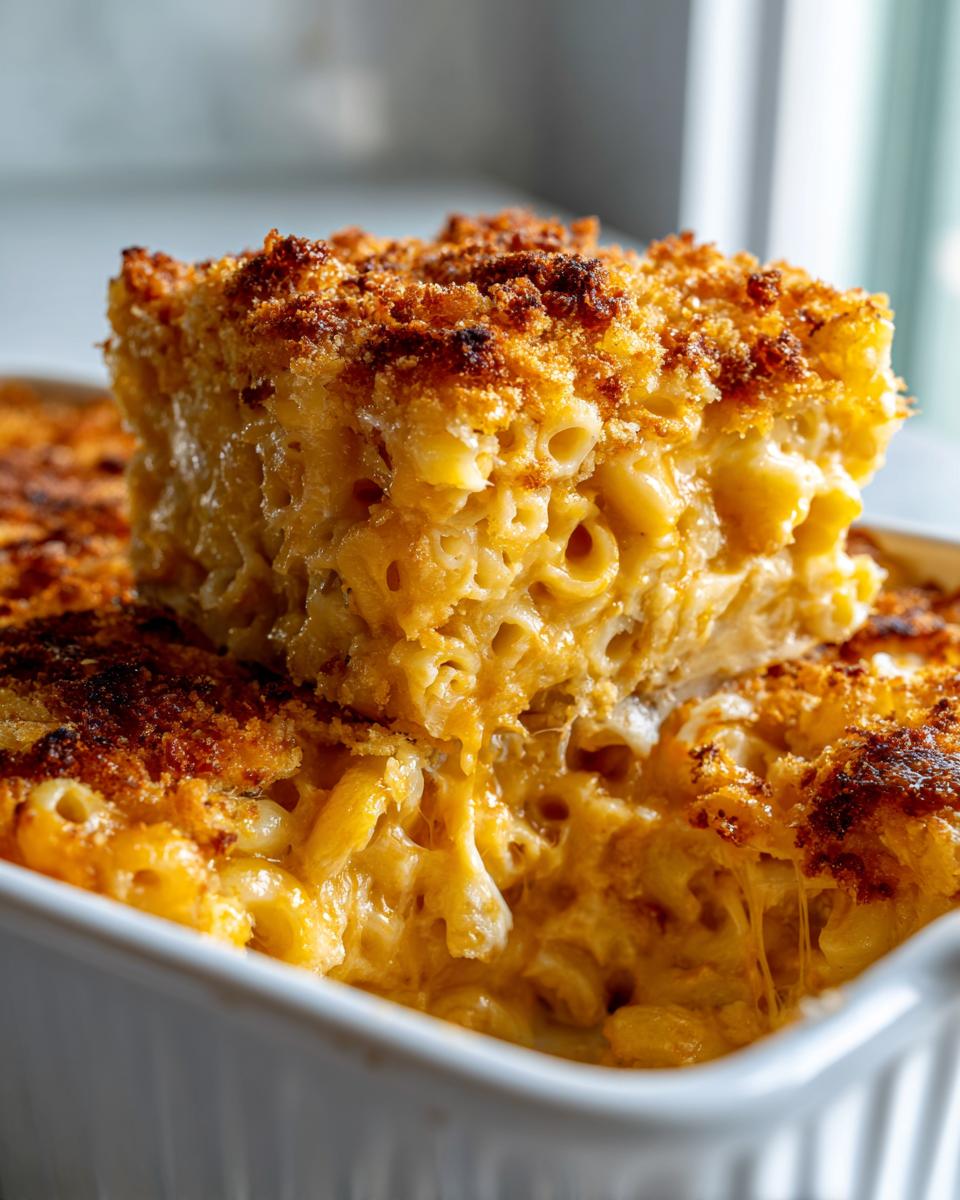 A square portion of creamy baked mac and cheese recipe lifted from a white dish, showing a crispy topping.