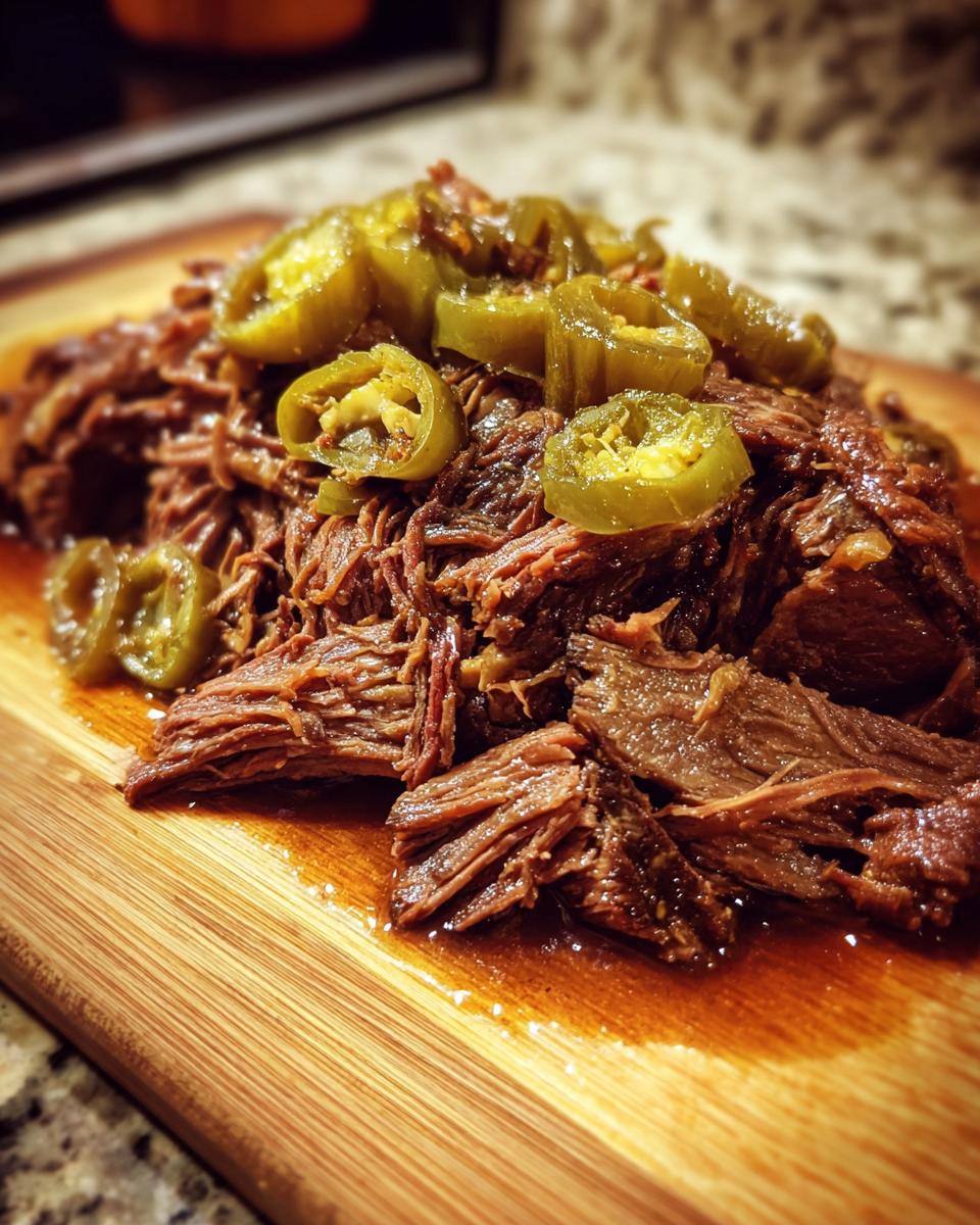 Shredded Mississippi pot roast piled on a wooden cutting board, topped with sliced pickled jalapeños.