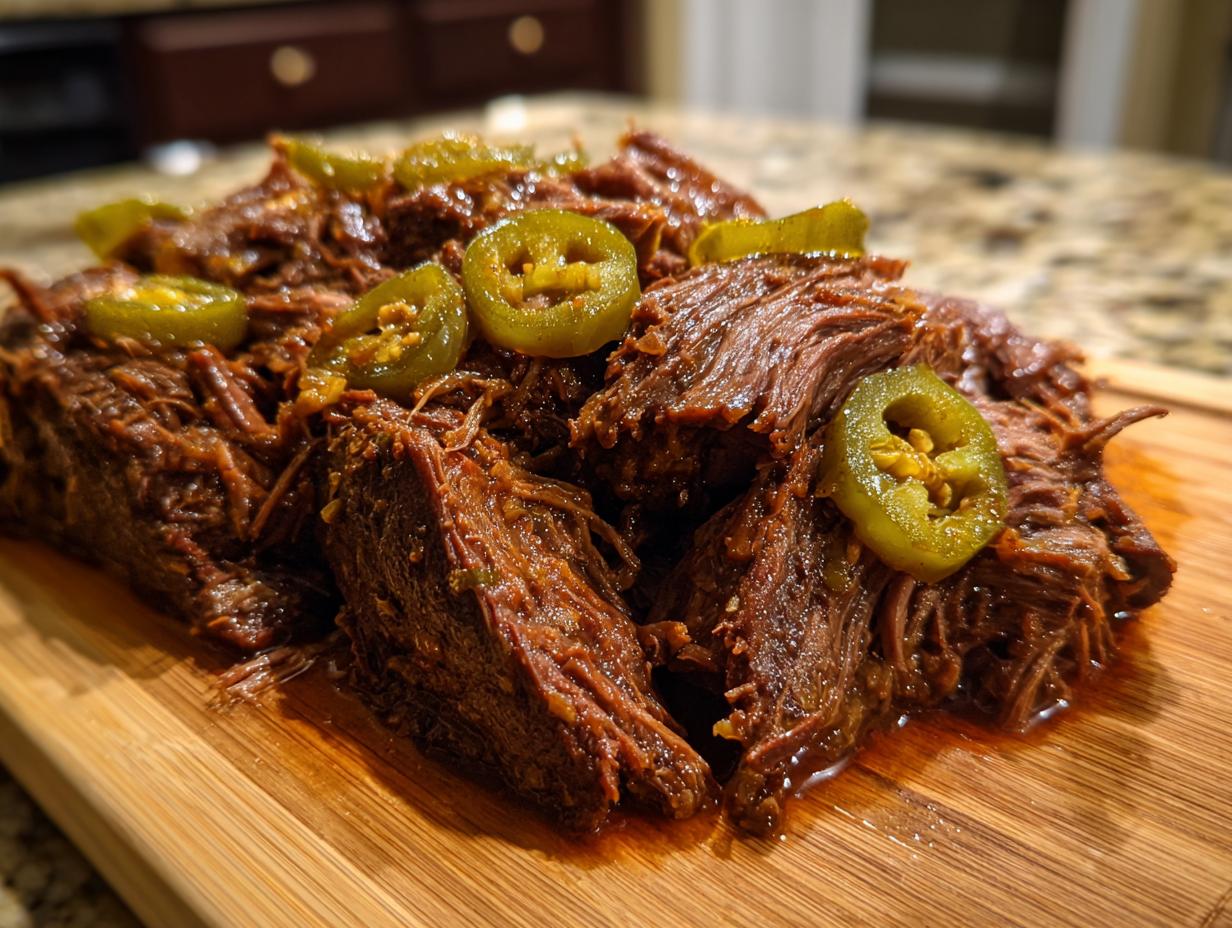 Shredded Mississippi pot roast piled high on a wooden cutting board and topped with sliced pickled jalapeños.