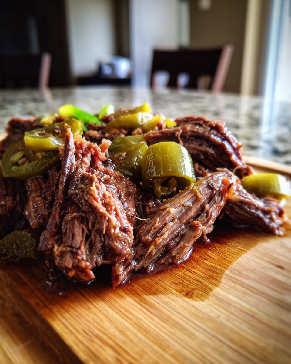 Shredded Mississippi pot roast piled high on a wooden cutting board, topped with sliced pepperoncini peppers.