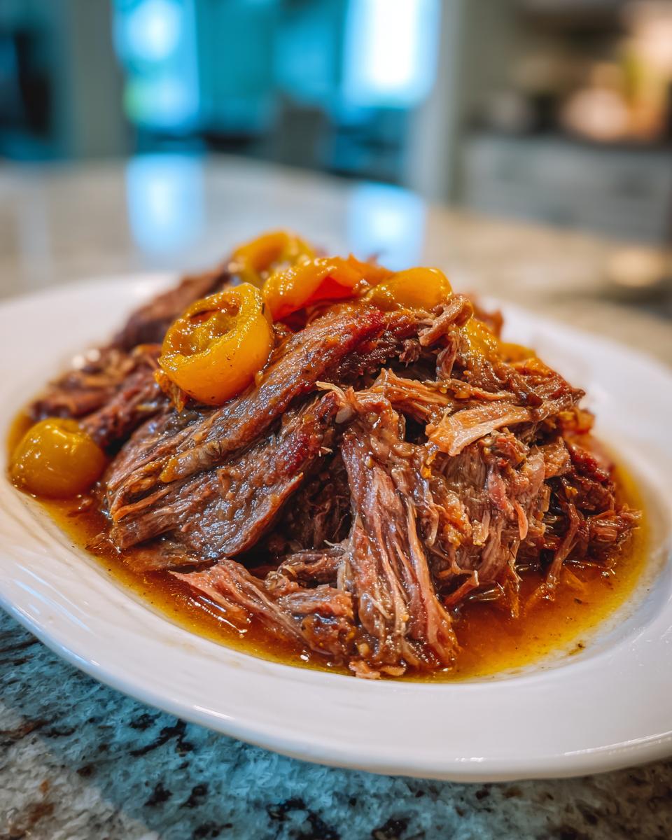 Close-up of tender, shredded Mississippi Pot Roast served on a white plate with yellow pepperoncini peppers.