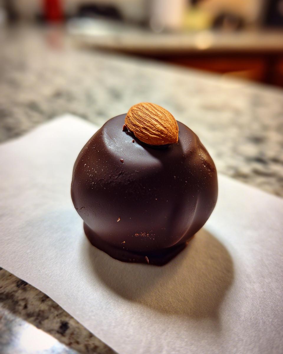 Close-up of a single, dark chocolate-coated almond joy truffle topped with one whole almond.