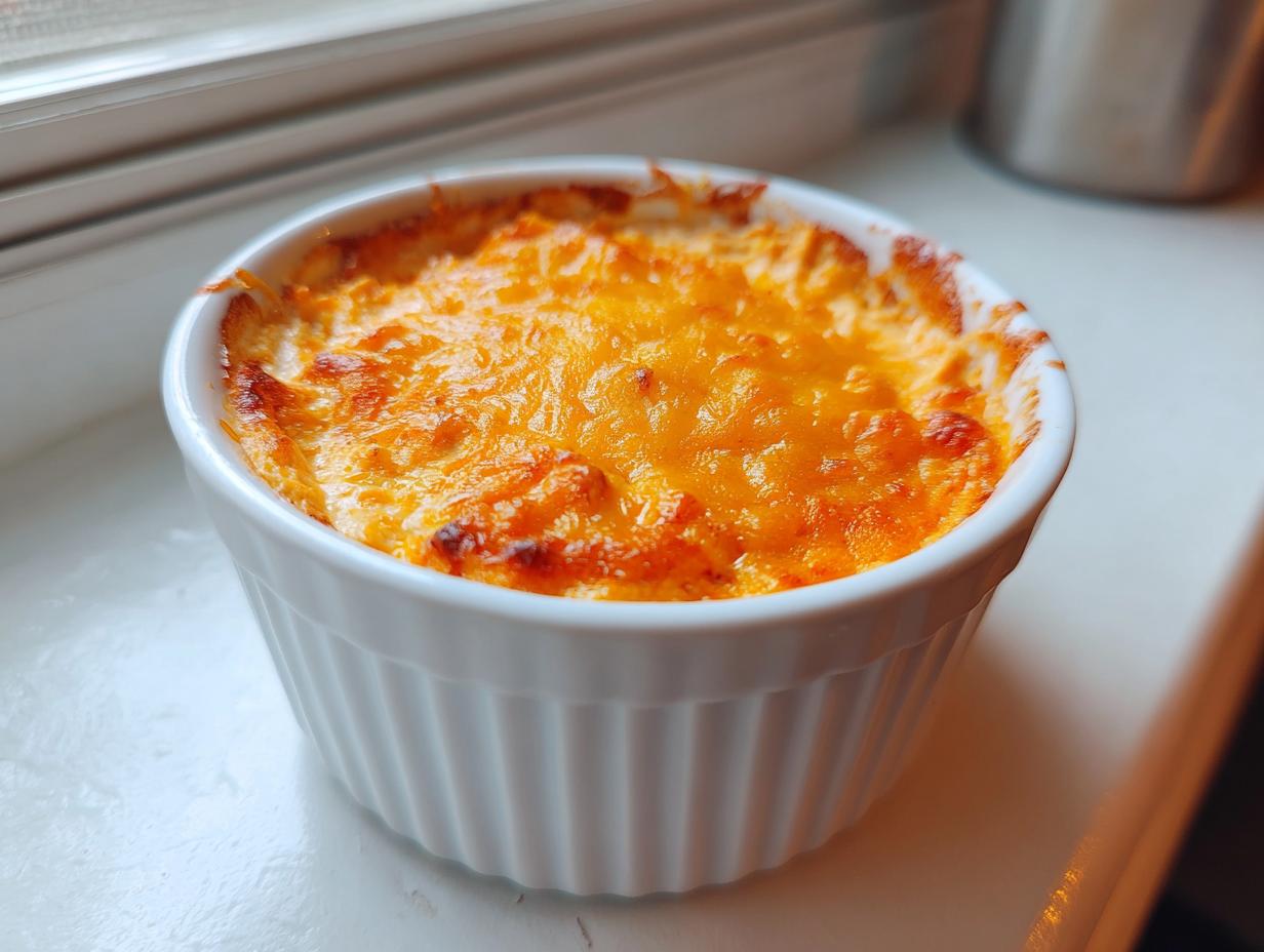 Close-up of hot, bubbly buffalo chicken dip topped with melted, browned cheddar cheese in a white ramekin.