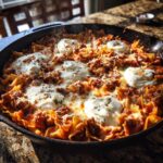 Close-up of bubbling skillet lasagna cooked in a cast iron pan, topped with dollops of ricotta cheese and herbs.