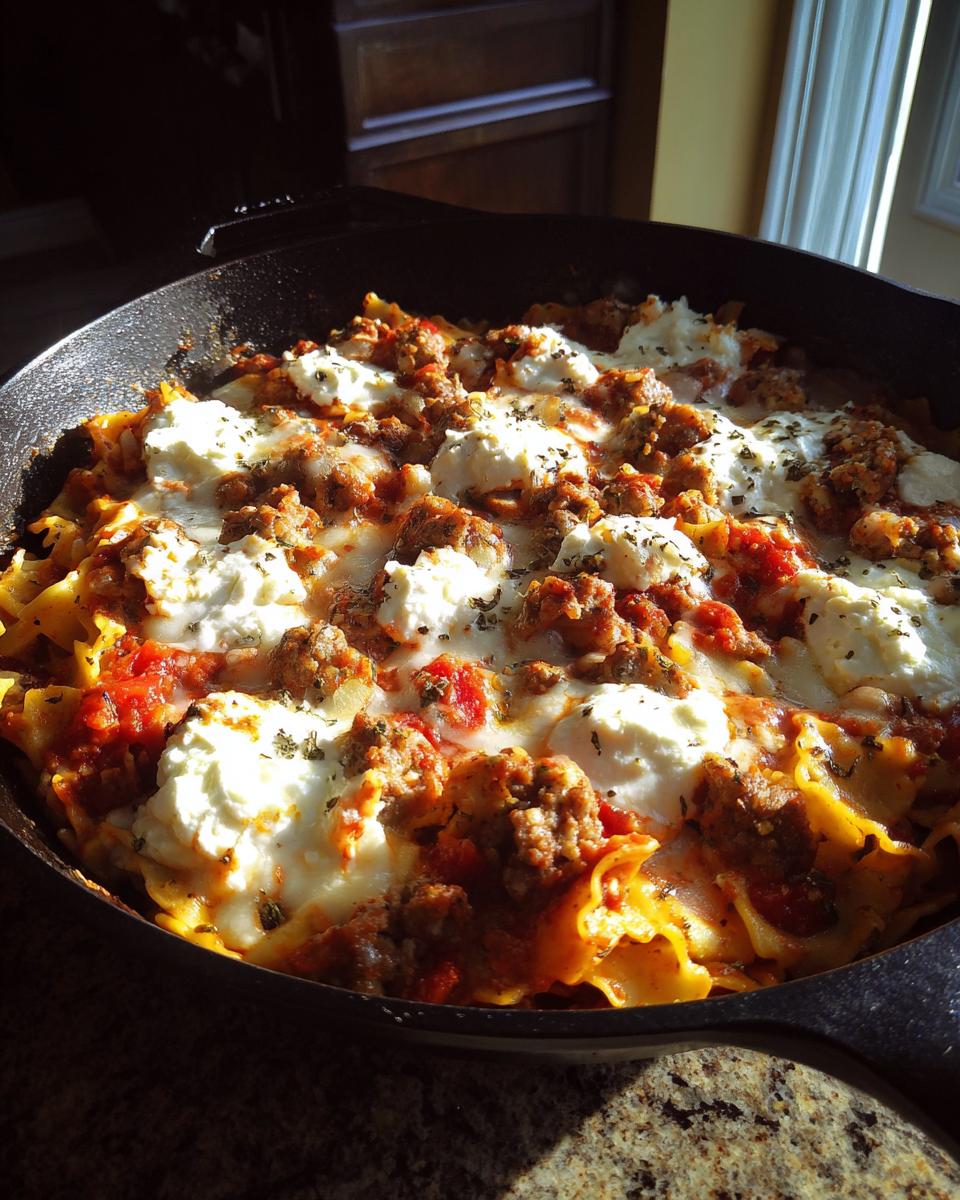 Close-up of homemade skillet lasagna in a cast iron pan, topped with dollops of ricotta and meat sauce.