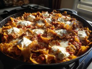 Close-up of bubbling skillet lasagna made with ruffled noodles, meat sauce, and dollops of ricotta cheese.