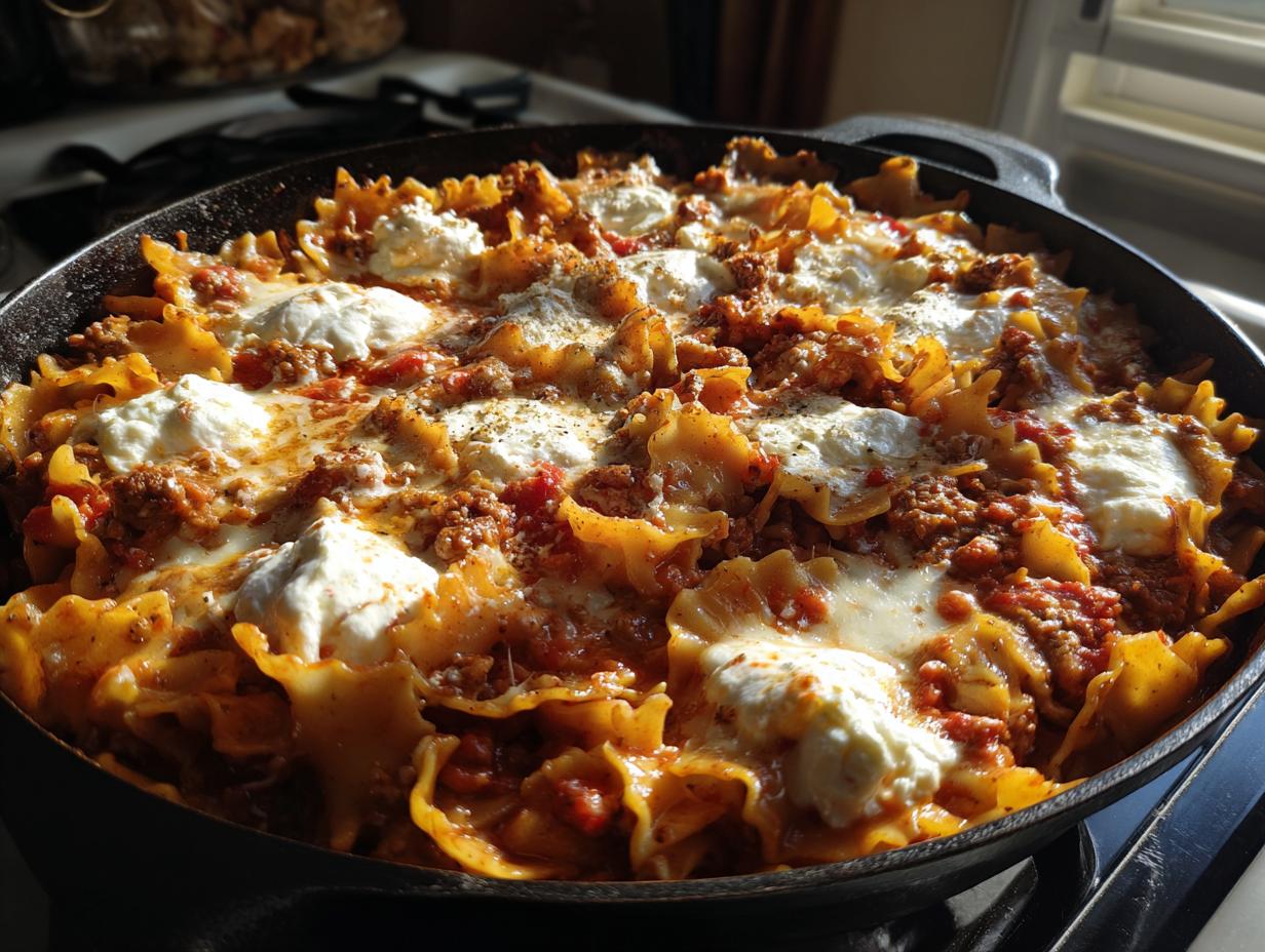 Close-up of bubbling skillet lasagna made with ruffled noodles, meat sauce, and dollops of ricotta cheese.