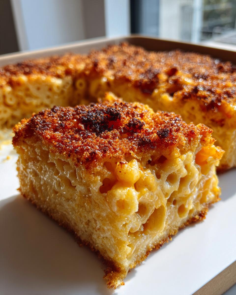Close-up of a thick slice of baked mac and cheese recipe with a deeply browned, crispy topping.