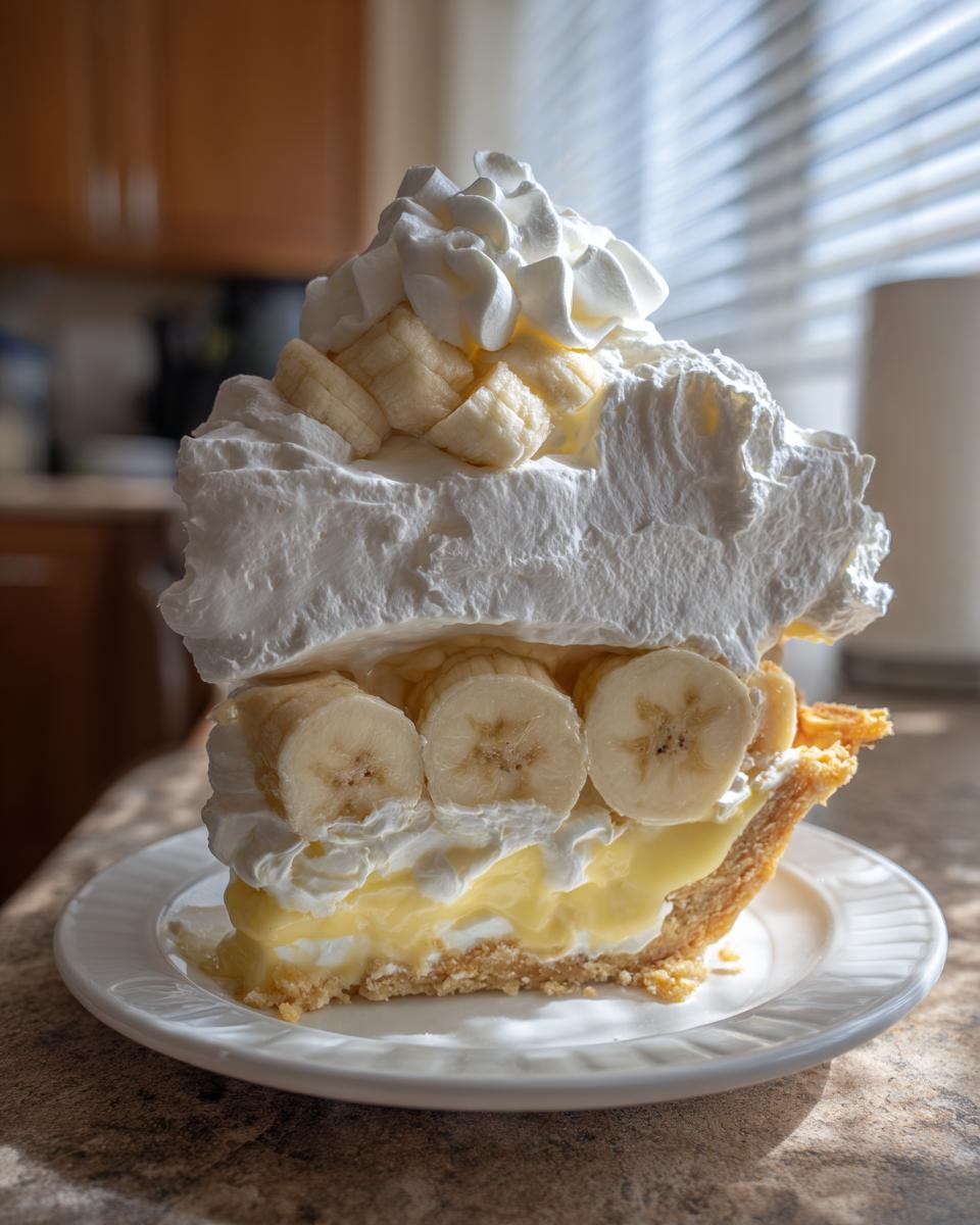 A tall slice of banana cream pie featuring thick custard, banana slices, and a massive topping of whipped cream.