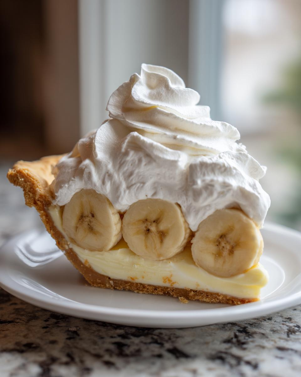 A close-up slice of banana cream pie showing a graham cracker crust, creamy filling, sliced bananas, and a tall swirl of whipped cream.