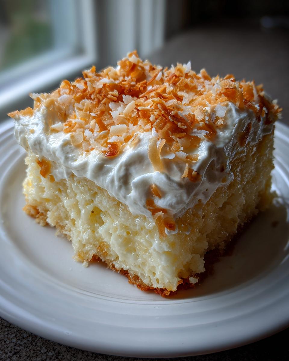 A moist slice of coconut poke cake topped with whipped cream and toasted coconut flakes.