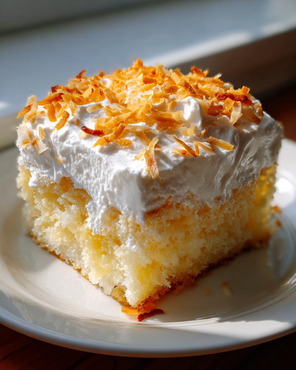 A close-up of a moist slice of coconut poke cake topped with whipped cream and toasted coconut flakes.