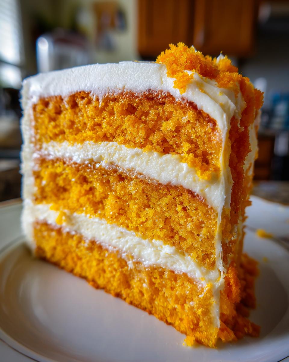 Close-up of a decadent slice of Creamsicle Cake showing alternating layers of bright orange cake and white cream cheese frosting.