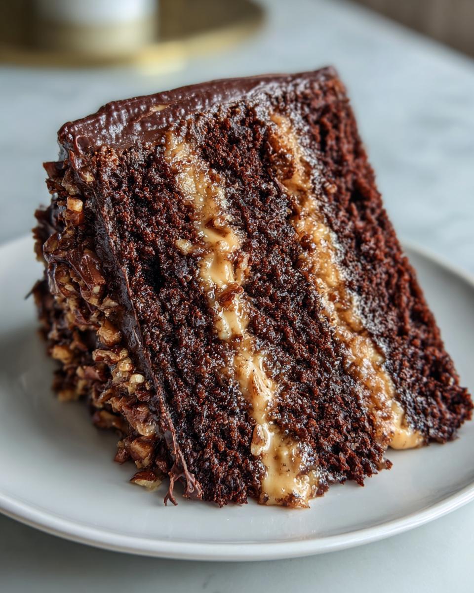 A tall slice of moist german chocolate cake recipe showing layers of dark chocolate cake and creamy coconut-pecan frosting.