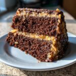 A perfect slice of moist german chocolate cake recipe showing dark chocolate layers and coconut-pecan frosting.